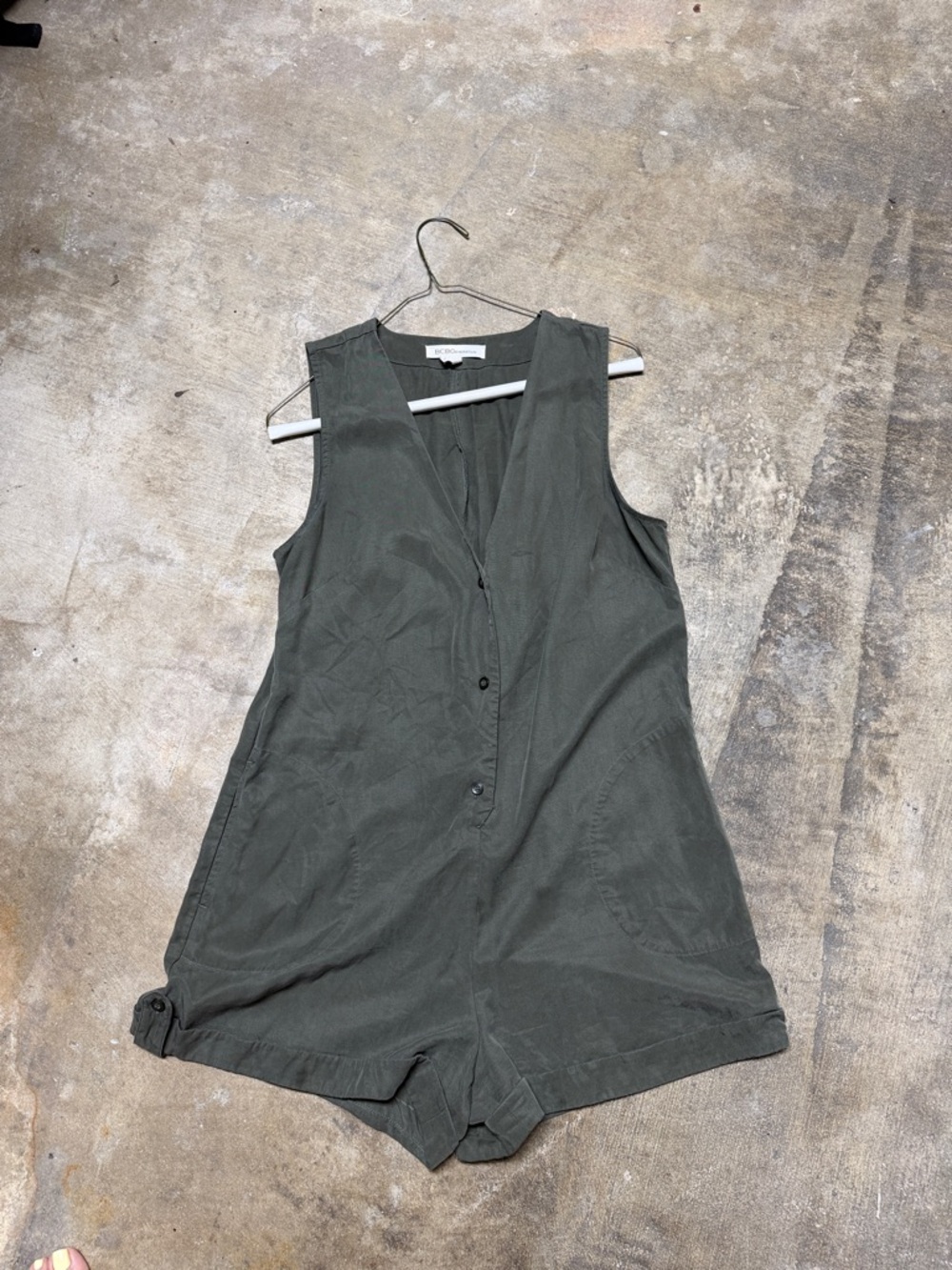 BCBG Sleeveless Utility Romper in Olive Green